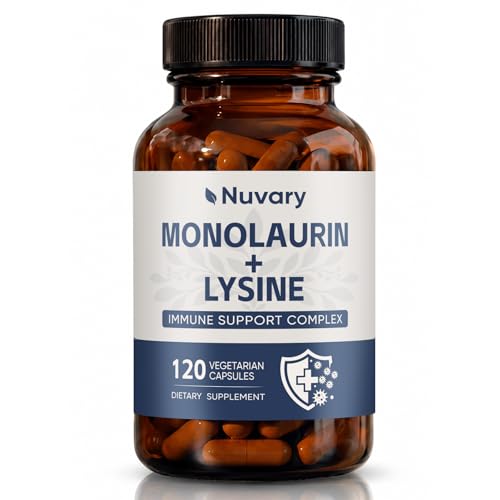 Nuvary Monolaurin Lysine Capsules Coconut-Derived Monolaurin & Amino Acid Supplement Restored Energy Vegan GMO-Free Gluten-Free 120 Capsules