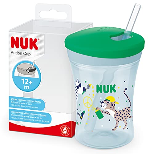 NUK Action Cup Gobelet pour enfant de 12 mois et plus, 230 ml, couvercle à visser avec paille souple, anti-fuite, sans BPA, motif léopard vert