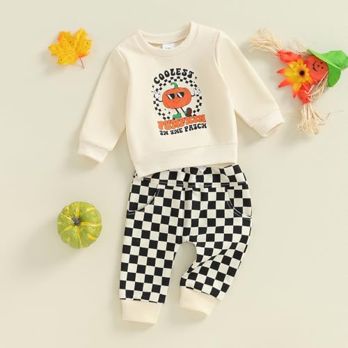 Toddler Baby Boy Halloween Outfit Coolest Pumpkin In The Patch Sweatshirt Plaid Pants Set 2Pcs Halloween Clothes3