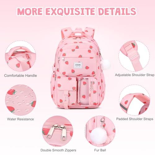 Backpack for Girls - Girls Backpack with Lunch Bag & Pencil Pouch for Teen Kids Laptop Backpack for Women, Elementary Middle High School Bookbag Travel Daypack (Pink Strawberry)4