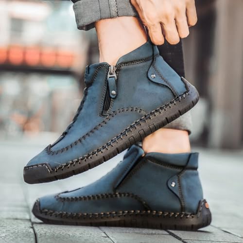 Men's Casual Leather Loafers Fashion Comfortable Chelsea Boots Hand Stitched Slip On Mid-top Shoes Blue (Velvet) 10.53