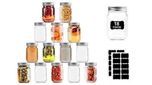 Glass Mason Jars Regular Mouth, 12 Ounce Glass Jars with Silver Metal Lids for Meal Prep, Food Storage, Canning, Drinking, for Overnight Oats, Jelly, Dry Food, Salads, Yogurt (18 Pack) With 20 Labels