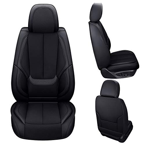 Coverado Front Seat Covers, 2 Pieces Universal Seat Covers For Cars, Breathable Fabric & Leather Car Seat Protectors, Car Seat Cushions Universal Auto Accessories Fit For Most Sedans Suv Truck, Black #TOP1