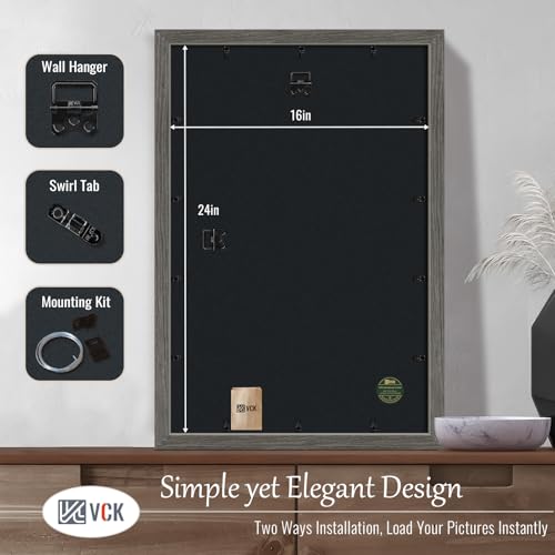 Image of VCK 16x24 Poster Frame Solid Wood Gray Grey 3 Pack Picture Frames 16 x 24 Inches with Wall Mounting Hanging