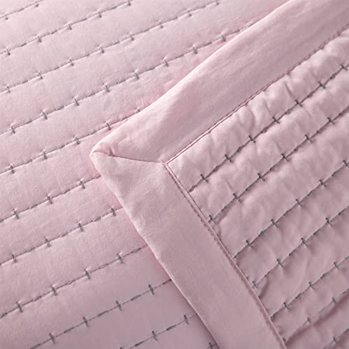Kasentex Quilt Mini Set-Stone Washed-Super Soft Bedspread-Light Weight-White Down Alternative Microfiber Fill-Machine Washable-Solid Colors, Full/Queen +2 Shams, Pink #TOP2