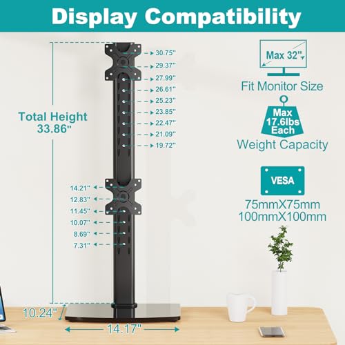 MOUNT PRO Vertical Dual Monitor Stand for 2 Computer Screen up to 32 Inch, Stacked Monitor Mount, Free-Standing Monitor Desk Stand with Swivel, Tilt, Height Adjustable, VESA Stand 100 x 100 - Thumbnail 2
