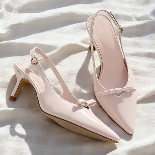 Image of Mattiventon Slingback Heels for Women Kitten Heels Bow Ankle Strap Pointed Toe Heel Sexy Wedding Dress Party Pumps