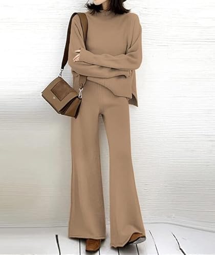 Etcyy New Womens Elegant Lounge Sets Knitted Sweatsuit Sets 2 Piece Outfits With Sweater Tops And Wide Leg Sweatpants #TOP1