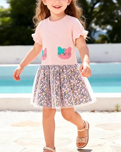Image of Girls Cotton Long Sleeve Casual Cartoon Appliques Striped Jersey Dresses