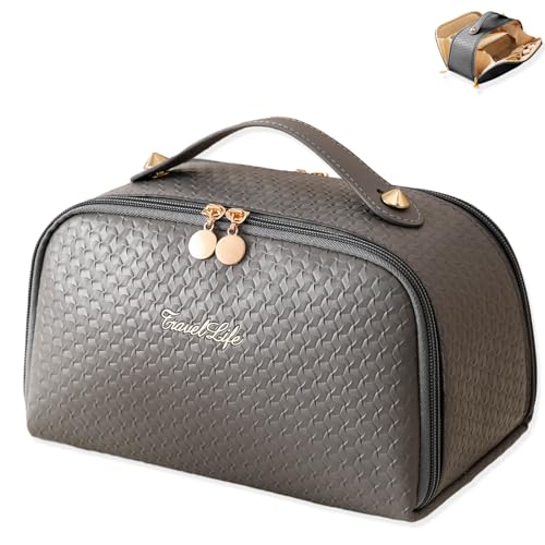BAKLUCK Travel Makeup Bag for Women, Waterproof Cosmetic Bags, Large Capacity PU Leather Make Up Bag with Portable Handle Grey