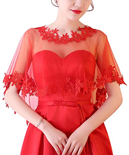 MisShow Women's Lace Appliques Shawls Wedding Bridal Cape Shoulder Covers Bolero, #1655-red, One size