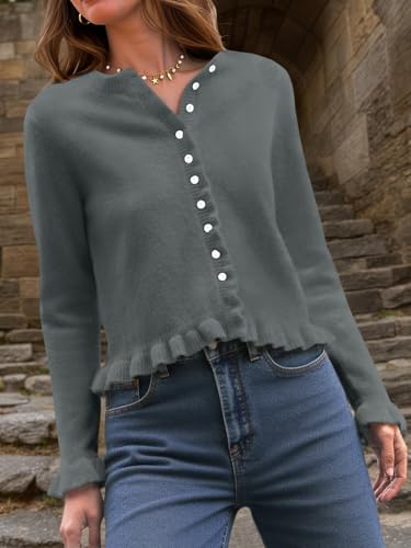 Image of Saodimallsu Womens Ruffle Cardigan Sweaters Button Up Crew Neck Long Sleeve Cropped Sweater Cute Soft Knit Tops