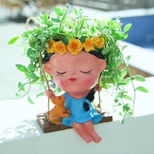 Image of Eleven to Eleven Smiling Face Hanging Planter Pot | Cute Girl Face, Resin Material, Decorative for Balcony, Garden, Living Room & Home, Gift for Plant Lovers