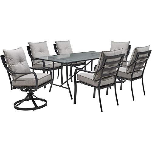 Hanover Lavallette 7-Piece Outdoor Dining Set, Modern Patio Dining Set for 6 with UV Protected Cushioned Swivel Rocker Chairs and 66'' x 38'' Glass-Top Table, Weather Resistant Frame, Silver -  LAVDN7PCSW2-SLV