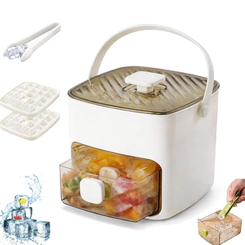 48 Cube Ice Maker with Easy Press Lid, Double Layer Ice Cube Tray with Storage Bin & Tongs, Stackable Silicone Ice Tray Containe