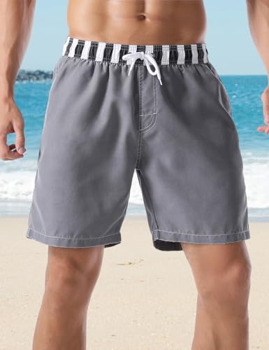 Men's Swim Trunk Solid Gray Relaxed Fit Soft Washed Drawstring Board Shorts4