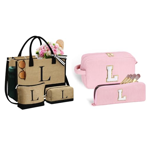 YOOLIFE 3 Pcs Initial Jute Tote Bag & 2 Pcs Initial Makeup Bag Personalized Gifts for Women Teen Girls