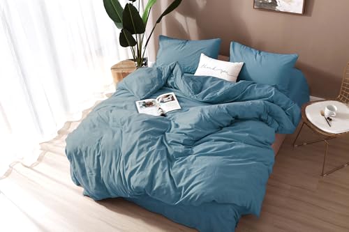 Image of F.Y.Dreams 100% Washed Cotton Duvet Cover for Weighted Blanket 60x80 inches with 16 Ties, Zipper on Long Side /Slate Blue /Just Duvet Cover
