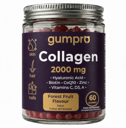 Gominolas Colágeno Hidrolizado 2000mg con Magnesio, Ácido Hialurónico, Vitamina C, Coenzima Q10, Zinc, Biotina y Vitaminas para Pelo, Piel y Huesos Fuertes, 60 Gummies - GUMPRO