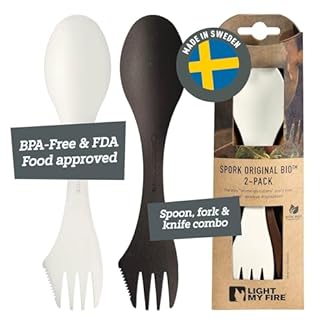 Light my fire spork original 2 pack 3 in 1 camping accessories knife fork spoon set survival camping gifts for scouts reusable travel cutlery set quality plastic cutlery bpa free sporks