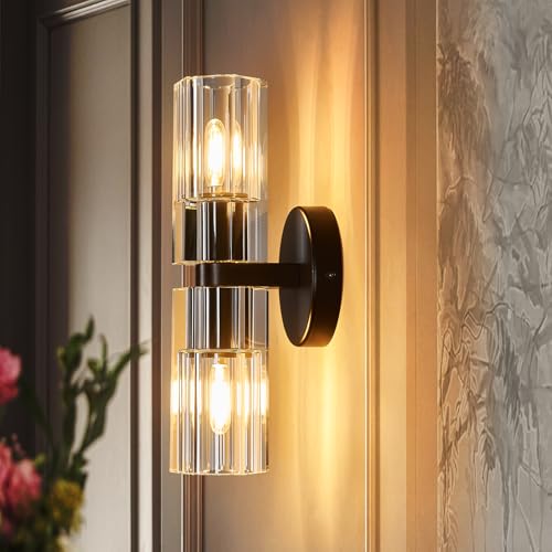 Image of 2 Light Black Wall Sconces Crystal Wall Sconce Modern Wall Sconces with K9 Crystal Lampshade Hallway Indoor Sconces Wall Lighting for Bathroom Entryway Stairway(1-Pack)