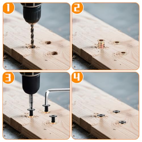 TXXATX 24 Stück M6 Schrauben Enthalten M6x20 mm Flachkopfschrauben M6x15 mm Gewindehülsen für Holz Einschraubmuttern mit Sechskantschlüssel Sechskant-Bit H4 für DIY Holzmöbel Verbindungen