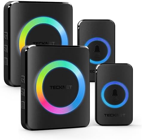 TECKNET Funkklingel, Kabellose Türklingel Funk Set 600m Reichweite, IP65 Aussen Wasserdicht Haustür Klingel mit 2 Plug-In-Empfänger und 2 Sender, Ring doorbell und Klingelknopf Mit