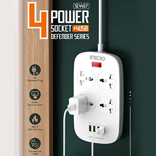 Image of INICIO QC3.0 Fast Charge Extension Board [ 18W QC3.0 + 3 USB Ports + 4 Universal Sockets ] 2500W 10A Power Strip Surge Protector with 2m Heavy Duty Indian 3 Pin Cord for Home Office Use