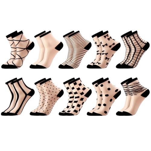 Jspupifip 10 Pairs Sheer Ankle Socks with Striped, Plaid, Mesh, Dot, Bow Patterns - Black See Through Transparent Socks for Women & Girls