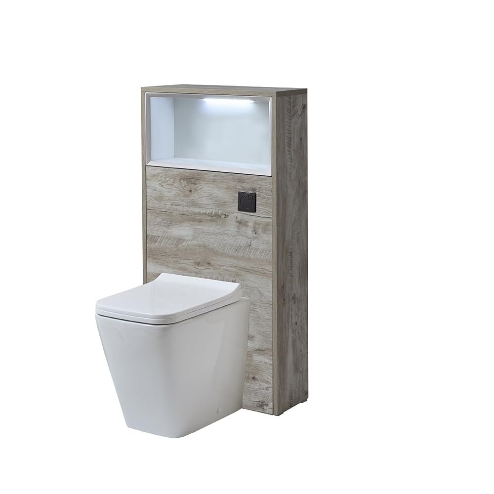 Milano Light Oak Unit / Black Flush Bexley 600Mm Light Oak Bathroom Wc Unit Led Lit Shelf Toilet