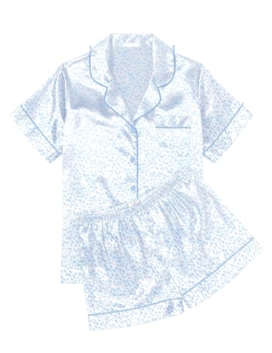 Image of Ekouaer Womens Silk Satin Pajama Sets Soft Short Sleeve Button Down Sleepwear Top and Shorts 2 Piece Pjs Lounge Set,Leopard Light Blue,M