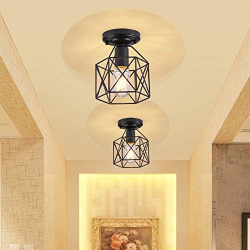 ZHMA Industrial Vintage Style 220V Semi Flush Mount Ceiling Light Metal Hanging Fixture Pendant Lighting for Indoor, use E27 Light Bulbs, Black 