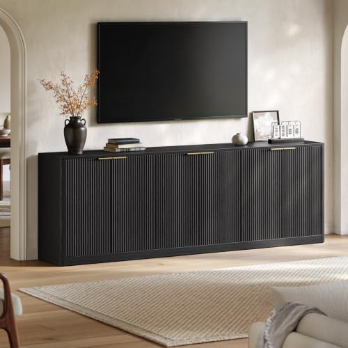 Image of Evermagin 94.5 inch Fluted Black Buffet Cabinet with Storage | Mid-century modern wood sideboard, large credenza with 6 doors for kitchen or living room, 94.5 inchW x 31.5 inchH x 15.7 inchD