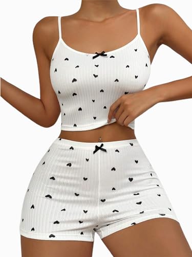 Hilinker Womens Graphic 2 Piece Pajama Set Summer Cute Crop Cami and Shorts Ribbed Lounge Sets