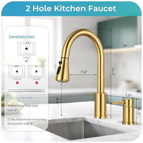 Image of Pull Down Kitchen Faucet 2 Hole - Brushed Gold Single Handle Kitchen Faucets, High Arc Stainless Steel Pull Out Kitchen Sink Faucet for RV Laundry Farmhouse Bar
