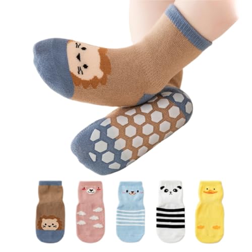 5 Pairs Toddler Baby Grip Socks with Non Slip Soles, Girls Boys Cute Animal Soft Cotton Socks, 0~5T