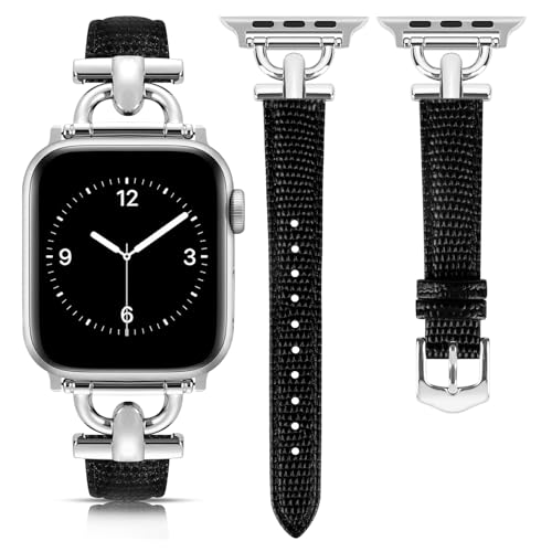 Image of Leather Band Compatible with Apple Watch Bands for Women, Dressy Fancy Strap for iWatch Series 11 /10 /9 /8 /7 /6 /5 /4 /3 /2 /1 /se(38mm 40mm 41mm 42mm,Lizard Black /Silver)