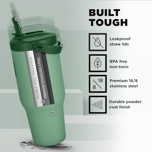 IRON °FLASK Sidekick Insulated Water Tumbler with Straw & Foldable Handle - Stainless Steel Leak-Proof Bottle, Non-Slip Base & Fits Cup Holders for Hot, Cold Drinks - Travel Mug - 30 Oz, Sage Grove - Image 6