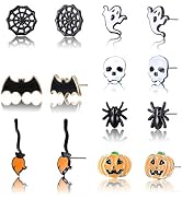 Sllaiss 7 Pairs Halloween Earrings For Women Men Stainless Steel Stud Earrings Set Black Spider W...