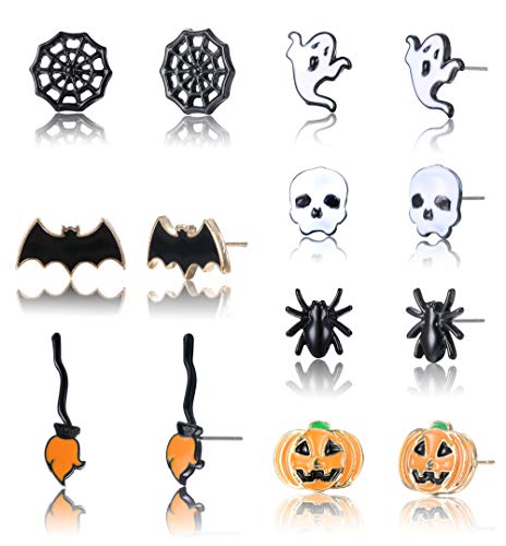 Sllaiss 7 Pairs Halloween Earrings For Women Men Stainless Steel Stud Earrings Set Black Spider Web Pumpkin Bat Earrings Skull Ghost Broom Stick Spider Halloween Jewelry