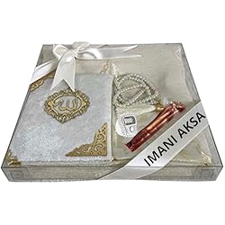 Imani Aksa Caja de Regalo Musulmán-(Alfombra de oración, tasbih, Libro de Sura)- Alfombra de oración- Estuche Islam-Ramadán, Eid Hajj, Umrah, Boda, Nacimiento, Mevlid Muslim… (Blanco-Crema)