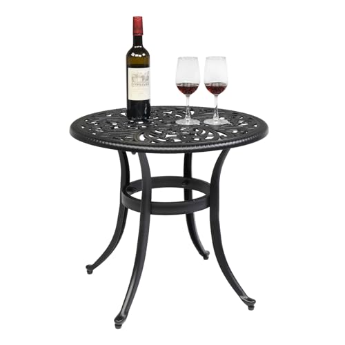 VINGLI 23.6' Cast Aluminum Round Patio Table with Umbrella Hole - All Weather Outdoor Bistro & End Table (Black)