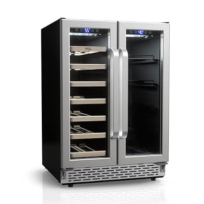 TCL 20 Bottle 78 Can Dual Zone Wine & Beverage Cooler, 24 In. Double Door Mini Fridge for Drinks, Water, Soda, Red Bull, Coca Cola, Small Refrigerator with Glass Doors