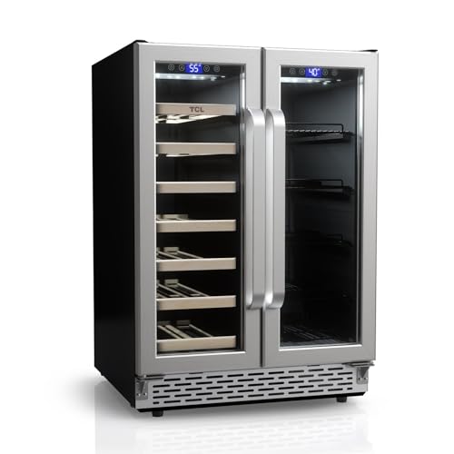 TCL 20 Bottle 78 Can Dual Zone Wine & Beverage Cooler, 24 In. Double Door Mini Fridge for Drinks, Water, Soda, Red Bull, Coca Cola, Small Refrigerator with Glass Doors