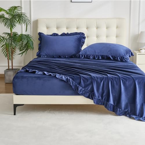 Image of Velvet Plush Flannel Sheet Set - Queen Size 4-Piece - Ruffled Edge Design, 16 Inch Deep Pocket, Anti-Pilling & Fade Resistant - 220 GSM Breathable Luxury All-Season Bedding, Navy