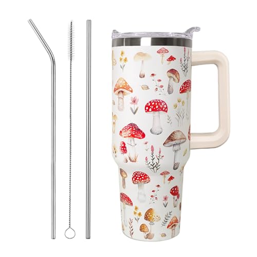 Ceovfoi Mushroom Tumbler with Handle Lid and Straw, 40 oz Stainless Steel Coffee Tumbler Mug Cup, Mushroom Lovers Gifts for Women