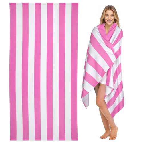 cabanana Large Oversized Beach Towel - Microfiber Sand Free 35 x 70 Inch Quick Dry Lightweight Pool Towel for Adults Thin Striped Swim Towel (Pink White)