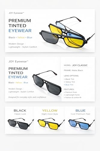 Image of Premium Tinted Eyeglasses with Magnetic Clip-On Sunglasses, 4-in-1, Matte Black Frame, Black Yellow Blue Lenses