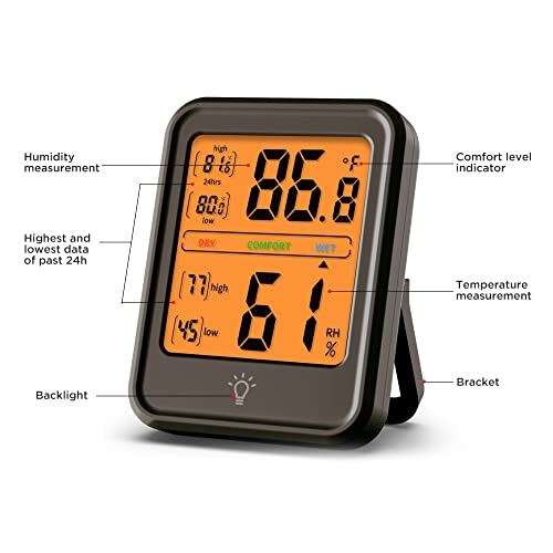 Digital Hygrometer Thermometer, Indoor Digital Thermometer Hygrometer with Large Clear LCD Display Temperature Humidity Monitoring & Time Record Perfect for Bedroom Office