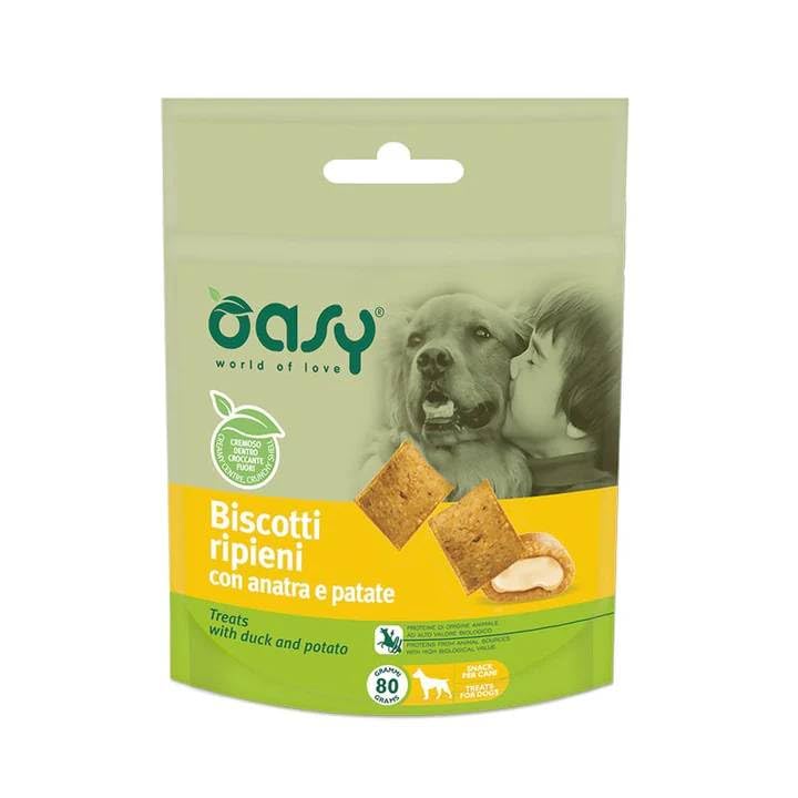 Oasy Snack Per Cani BISCOTTI ripieni con ANATRA e PATATE - OFFERTA - 6 CONFEZIONI DA 80 gr